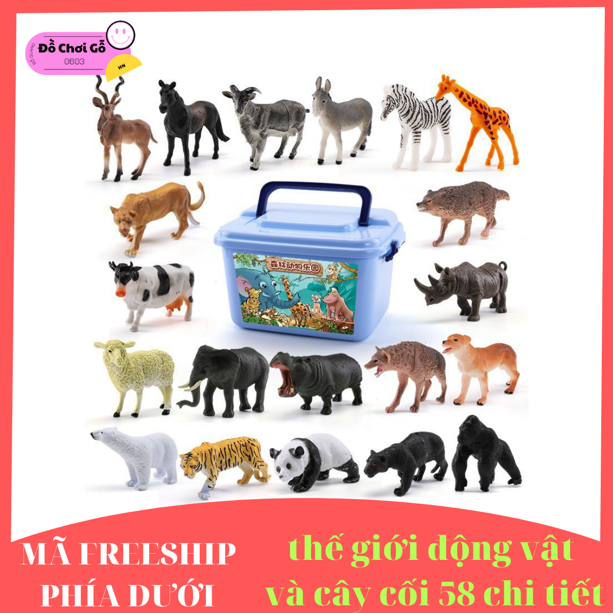 Đồ chơi mô hình con vật cho bé khám phá thế giới, bộ thế giới động vật và cây cối 58 chi tiết có hộp đựng