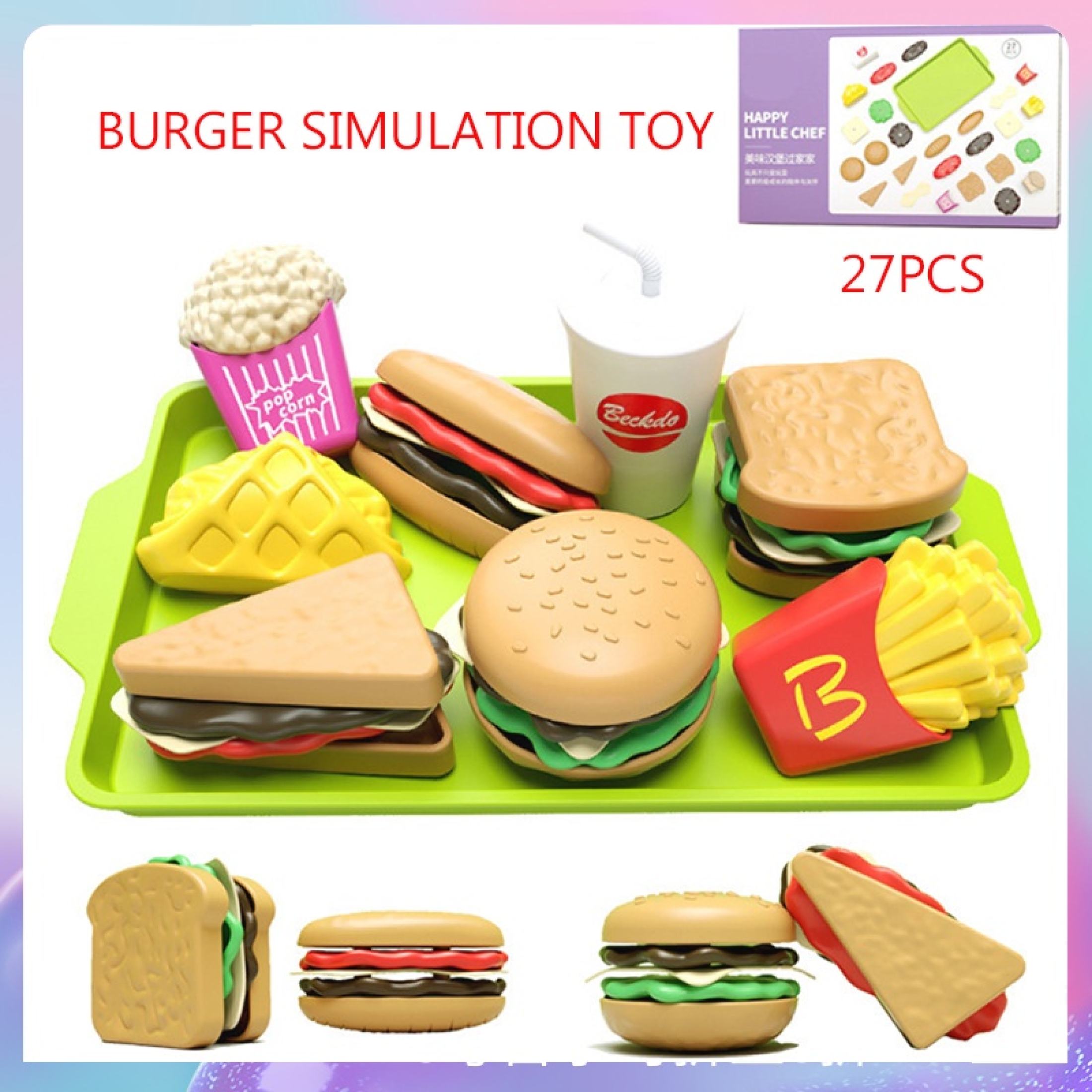 Bộ đồ chơi nấu ăn nhà bếp làm bánh hamburger 27 chi tiết dụng cụ tháo lắp dễ dàng cho bé, an toàn luyện khéo tay cho trẻ em