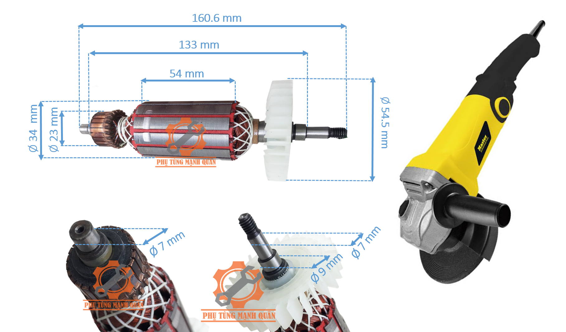 Rotor/ruột máy mài đĩa 100 thân 34 Master- Kenyo mst 100  tặng kèm chổi than