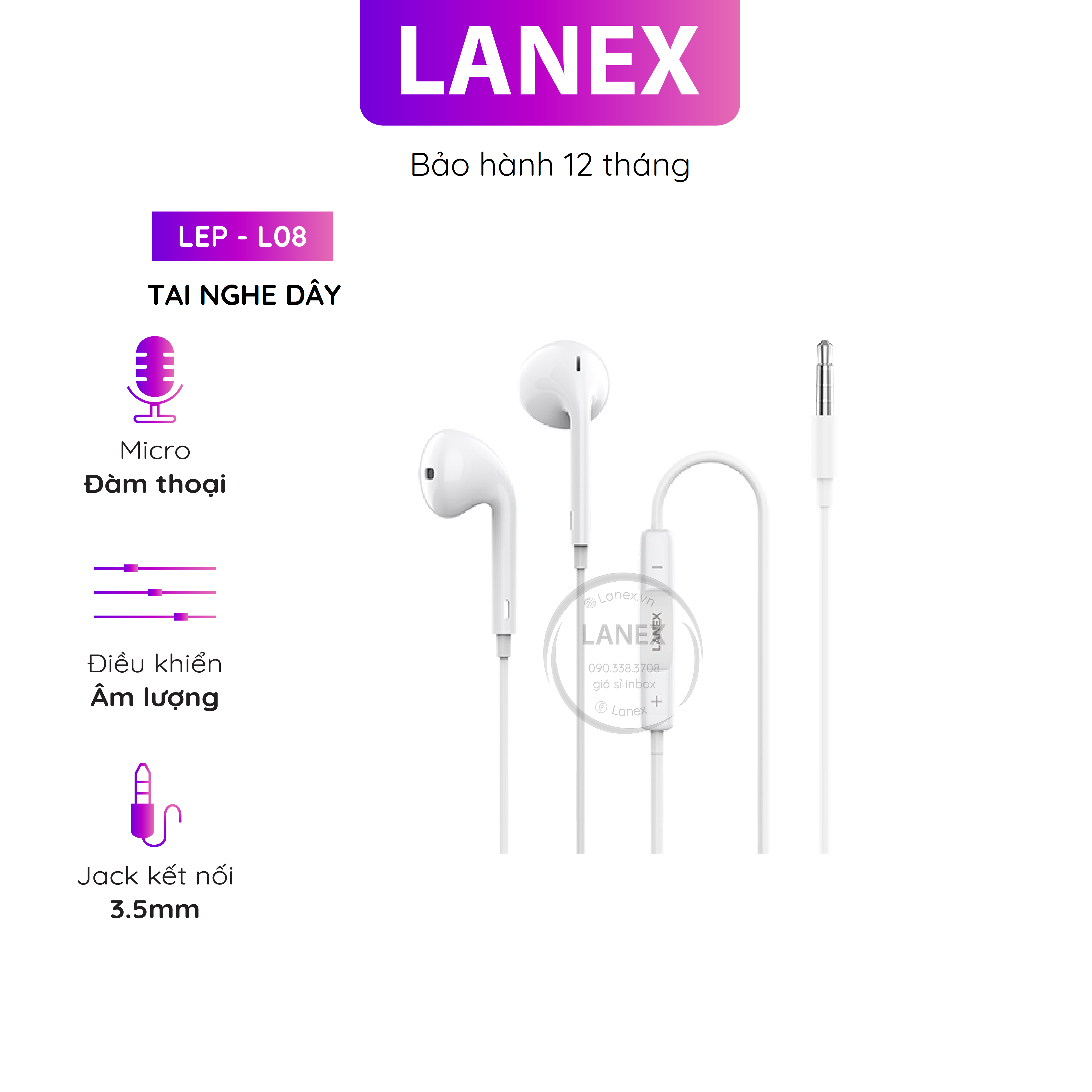 Tai nghe dây lanex lep - l08 tpe jack 3.5mm có mic dài 1.2m