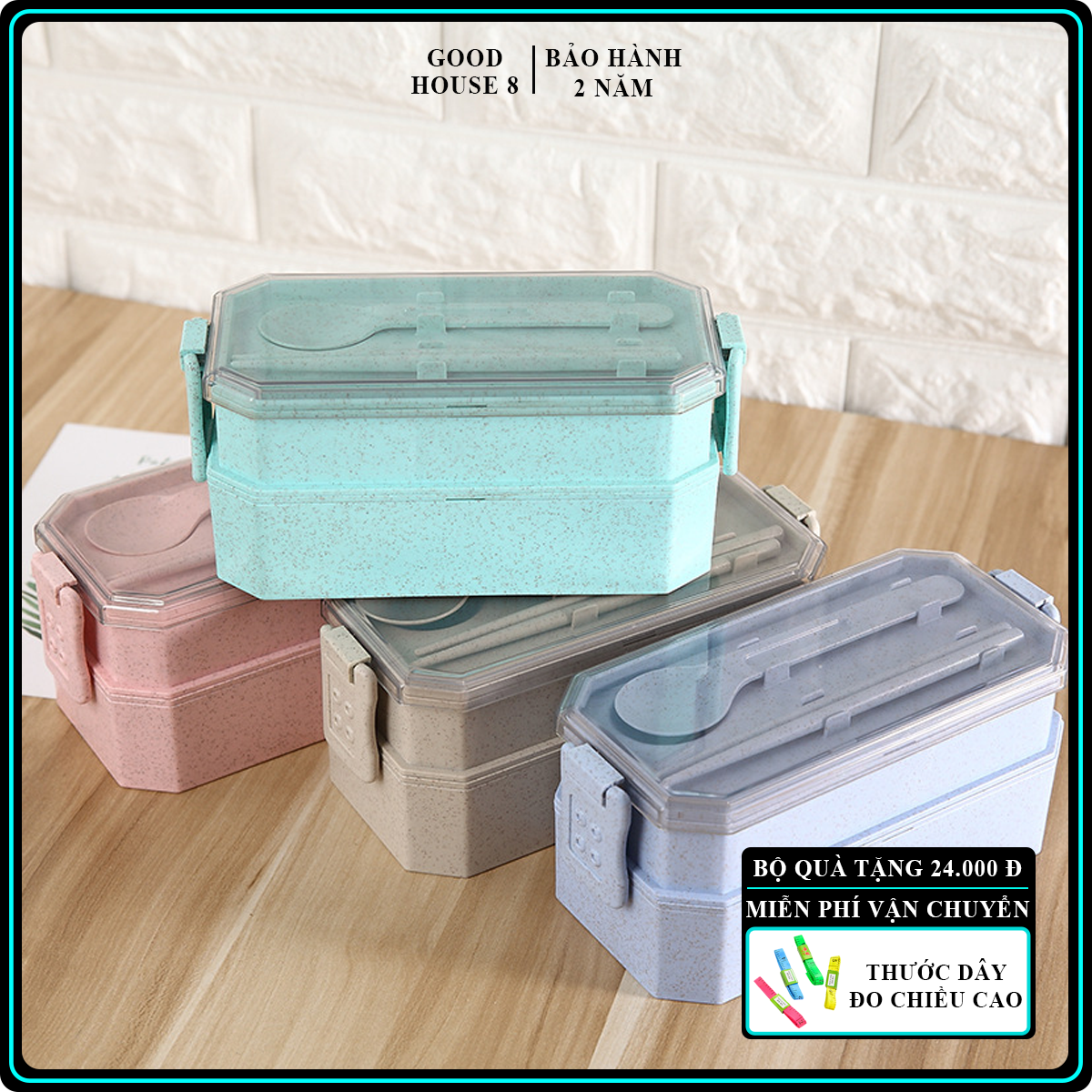 Hộp cơm 2 tầng lúa mạch Chịu đc 120 độ, nhựa thực phẩm và bột lúa mạch, nhựa sinh học an toàn cho sức khỏe, Hộp đựng cơm lúa mạch kèm muỗng, đũa tiện lợi