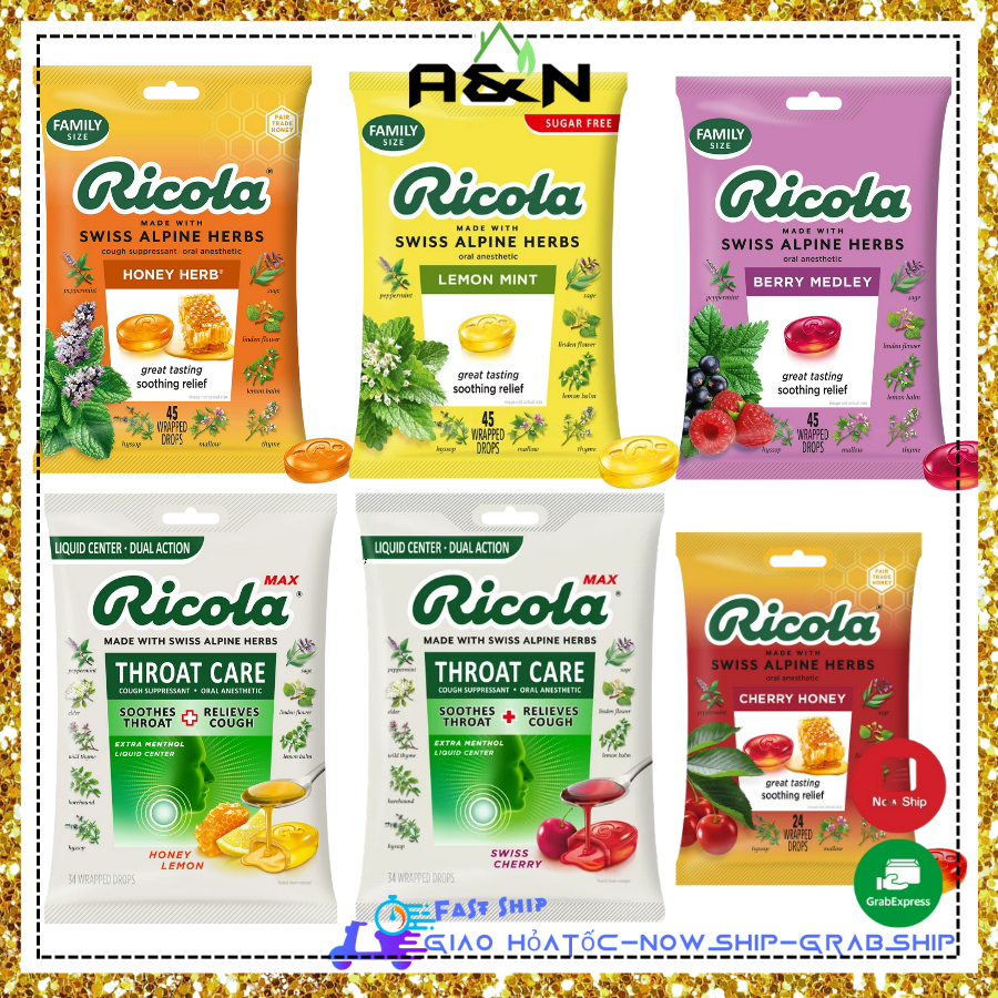 Kẹo ngậm Ricola chanh bạc hà không đường và có đường