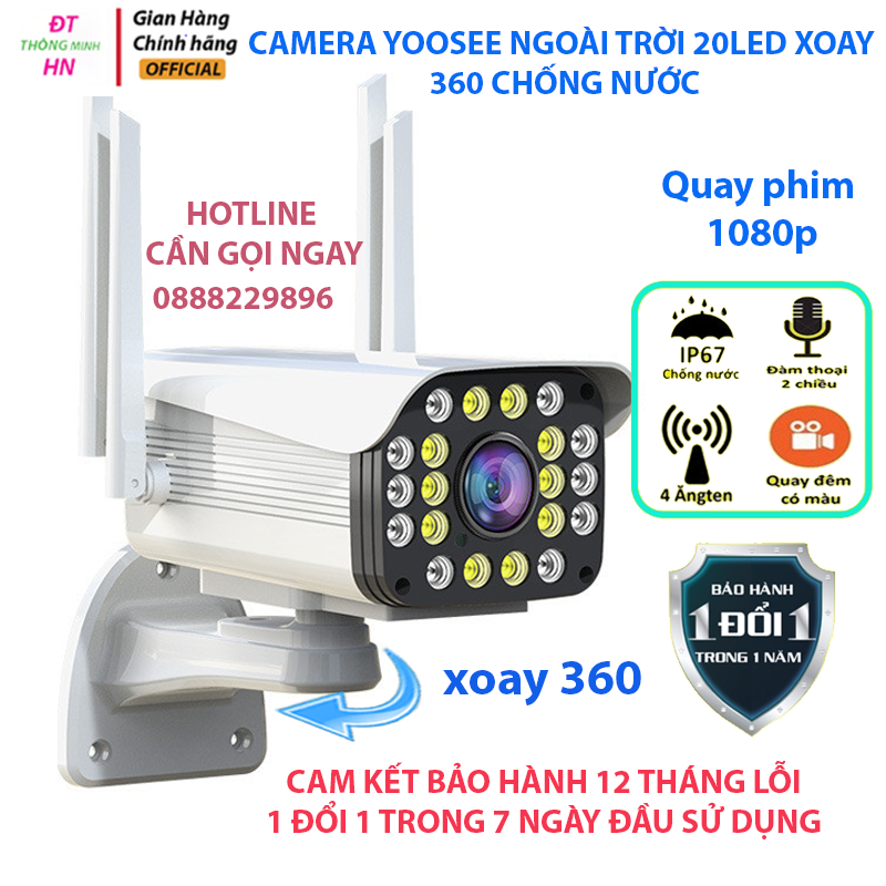 Camera yoosee ngoài trời 4 râu, 20 đèn,xoay 360°đàm thoại 2 chiều ban đêm có màu | BH 12 Tháng