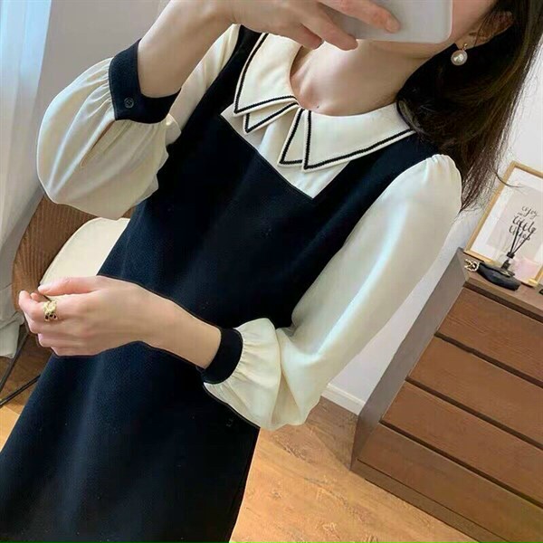 Đầm tiểu thư tay dài Phối Trắng Đen