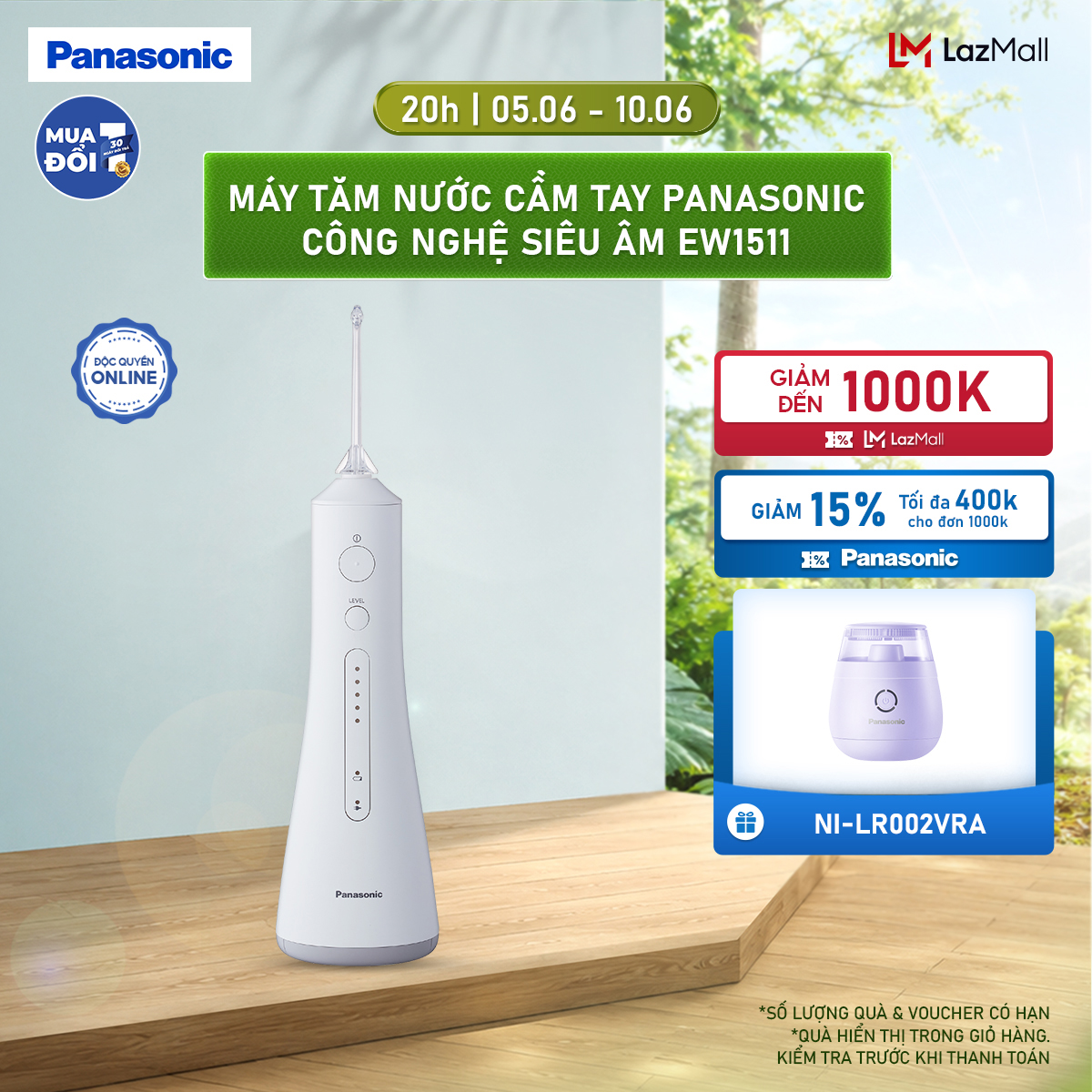[Thu thập voucher 12% tối đa 500k] Máy Tăm Nước Cầm Tay Panasonic Công Nghệ Siêu Âm EW1511 - Làm Sạch Kẽ Răng Túi Nha Chu, Mát Xa Nướu - 5 Chế Độ - Bảo Hành Chính Hãng 12 tháng