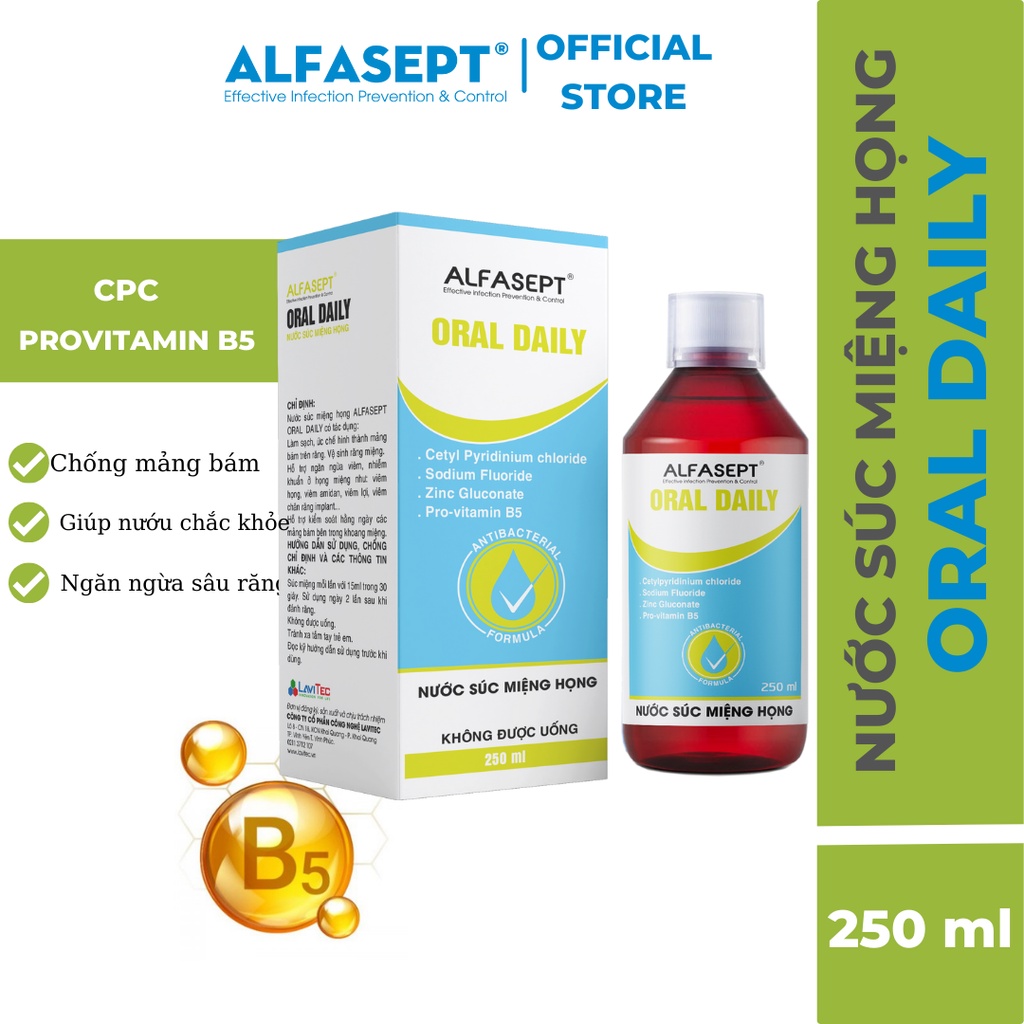 Nước Súc Miệng Họng Alfasept Oral Daily 250ml với Vitamin B5 - Ngừa sâu răng, hạn chế các bệnh răng miệng