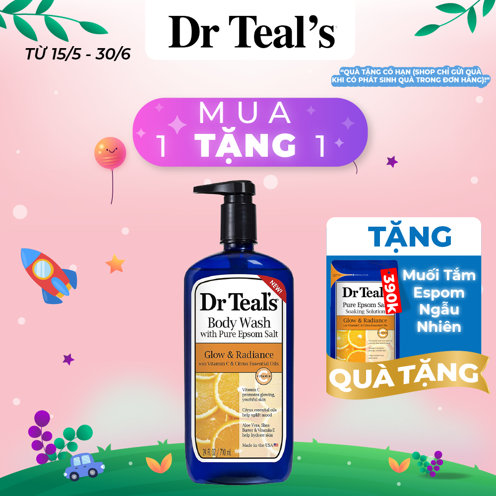 Sữa tắm Dr Teals xuất xứ Mỹ 710ml từ muối epsom tinh dầu cam dưỡng trắng