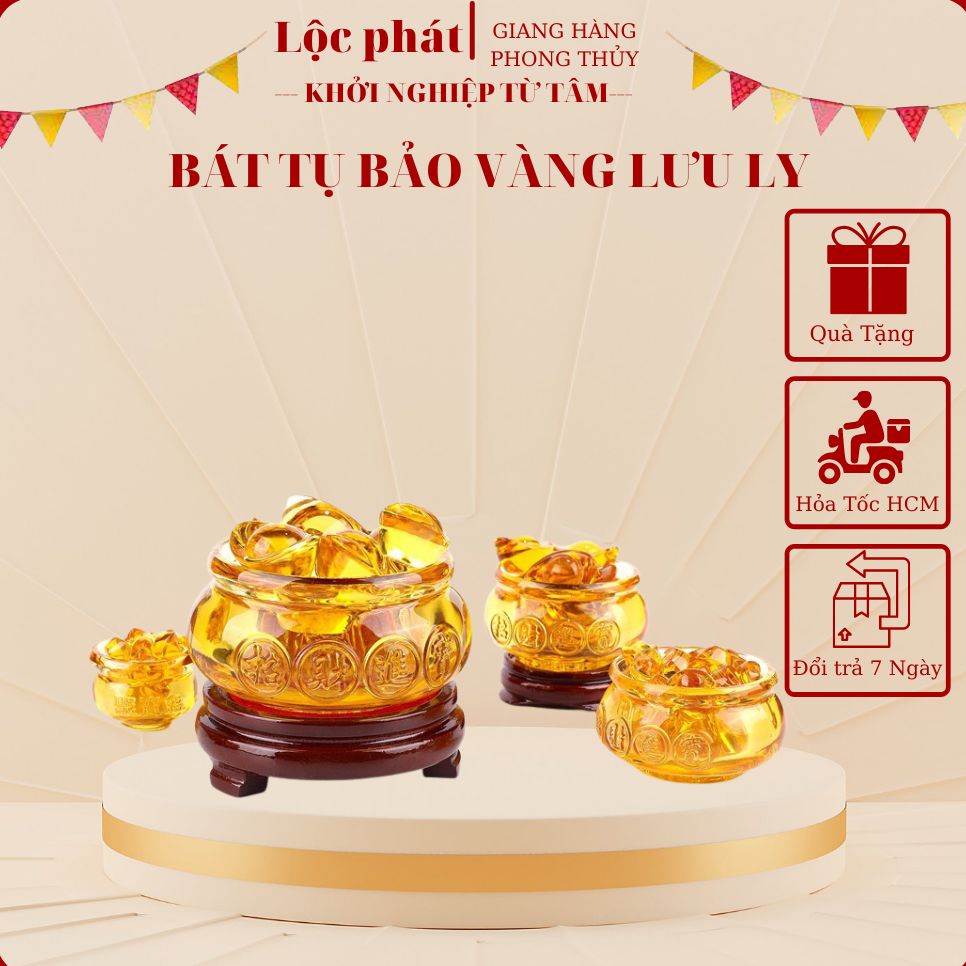Bát tụ bảo hủ vàng phong thủy Lộc phát kèm thỏi vàng và đế gỗ tài lộc chất liệu lưu ly _PHONG THỦY 68