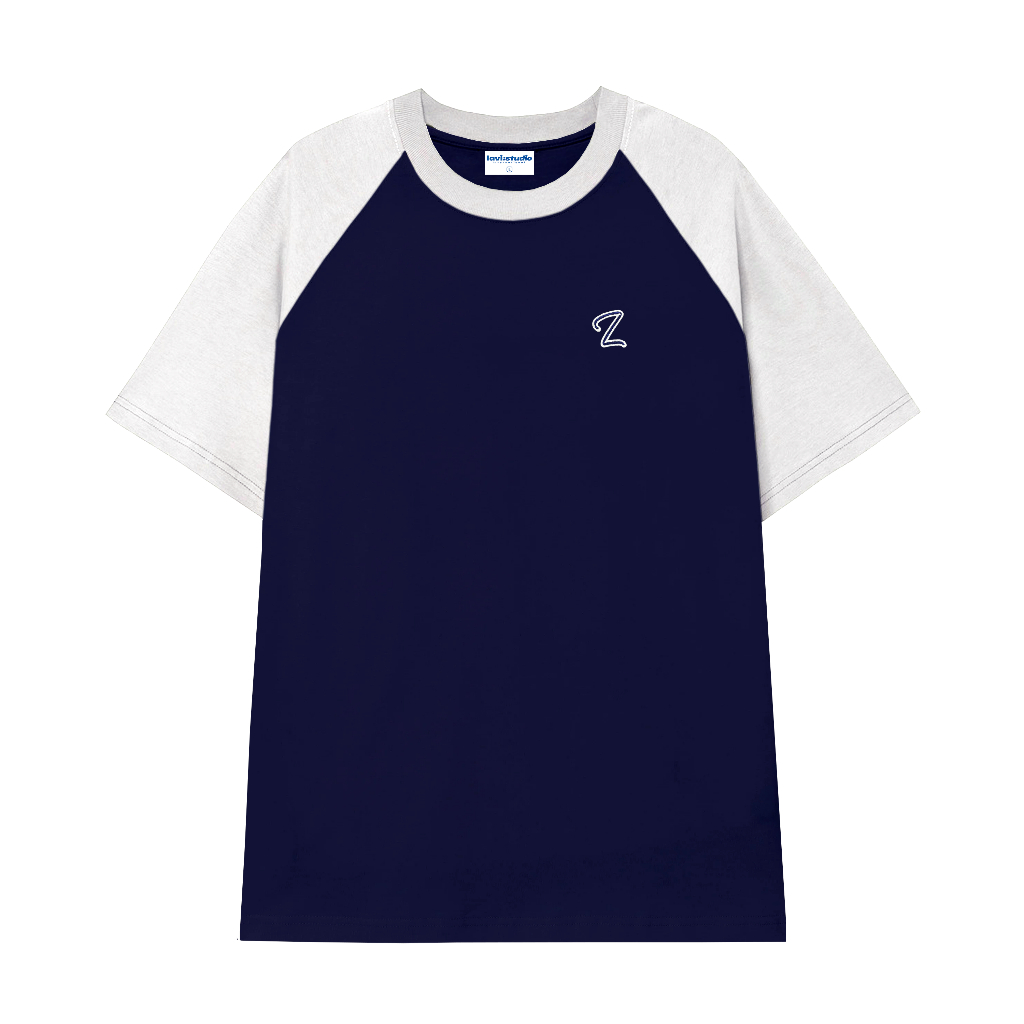 Áo thun thêu raglan lavi studio logo cá mập/ navy gray