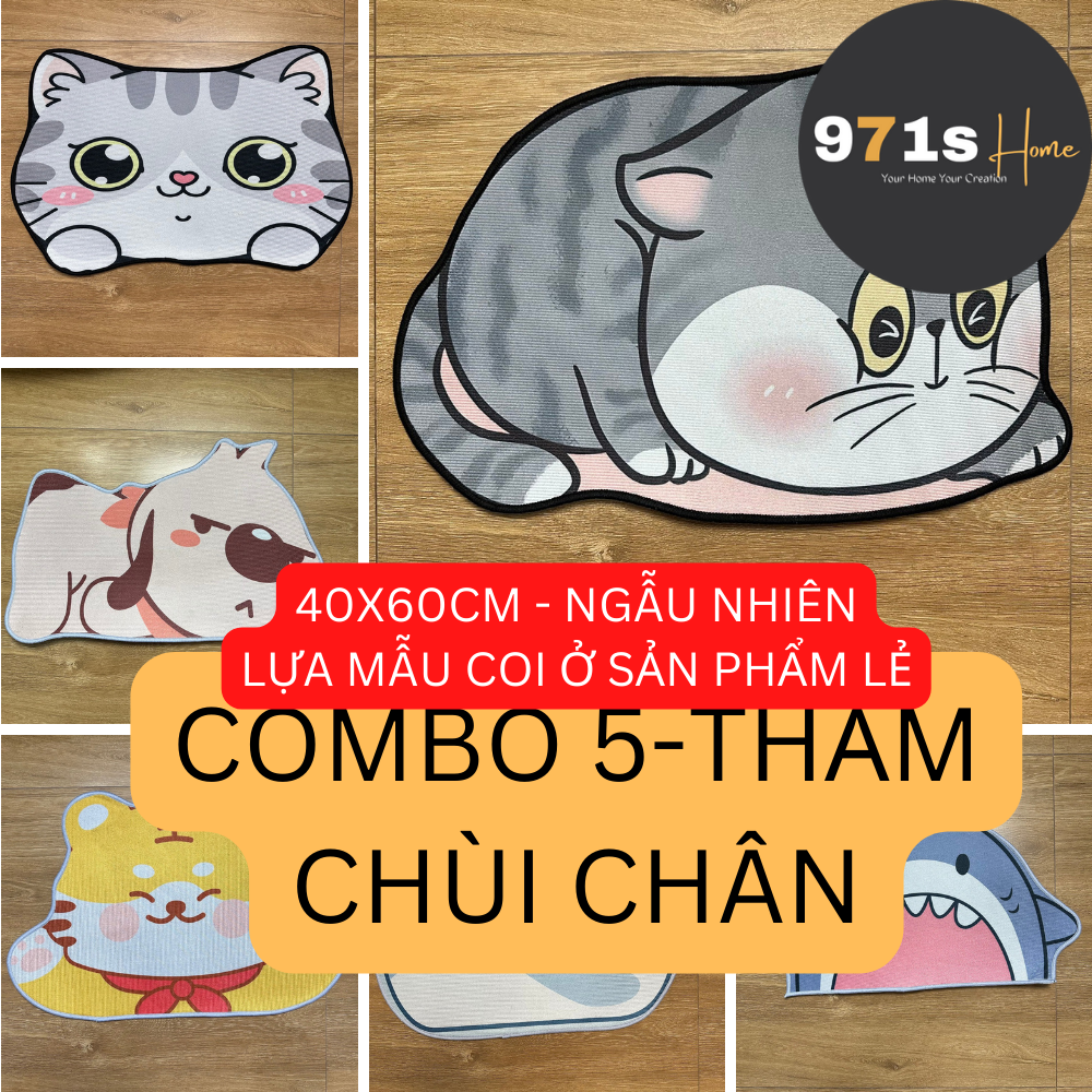 COMBO 5 TẤM Thảm chùi chân lau chân chất nỉ 40x60cm chống trượt hình thú thấm nước