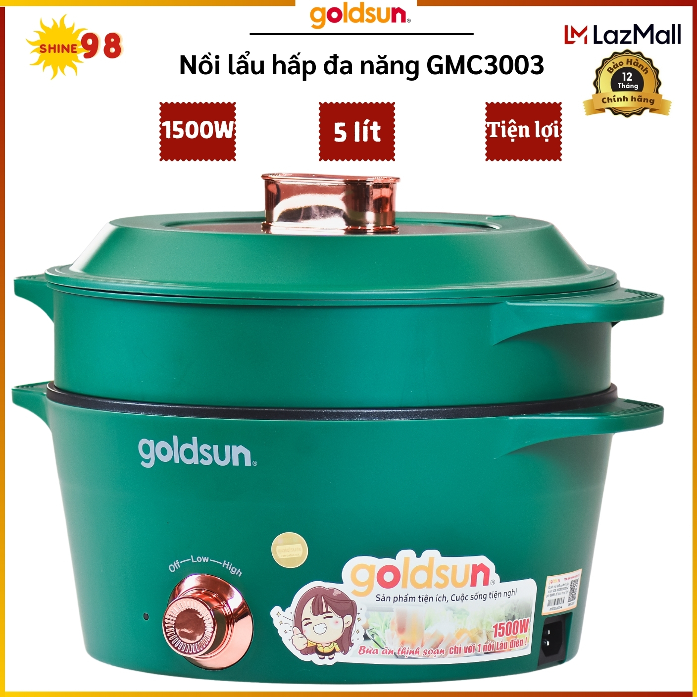 Nồi lẩu điện đa năng Goldsun 5L công suất 1500W 2 tầng có xửng hấp - GMC3002, GMC3003, nồi lẩu điện gia đình goldsun bảo hành chính hãng 12 tháng