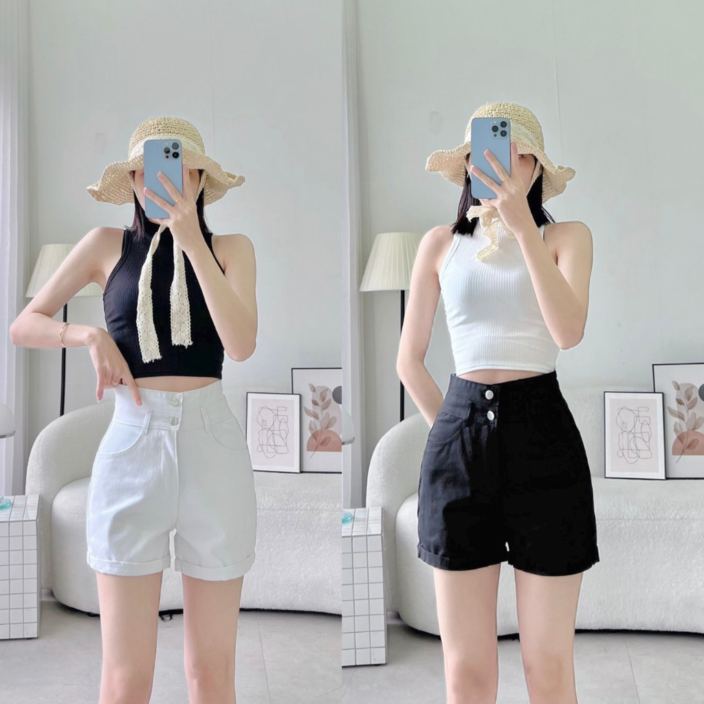 Quần short kaki nữ 2 nút lật lai,quần sooc đùi kaki ngố lưng cao siêu dễ thương
