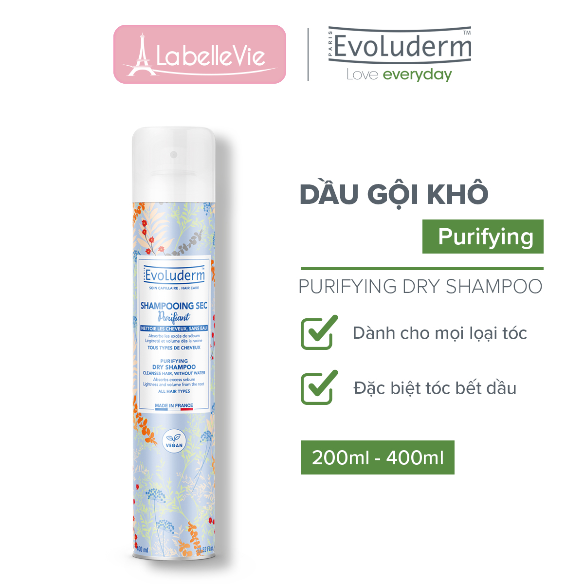 Dầu gội khô Evoluderm không xả lại với nước làm sạch tóc và da đầu cho mái tóc bồng bềnh hương thơm quyến rũ 400ml