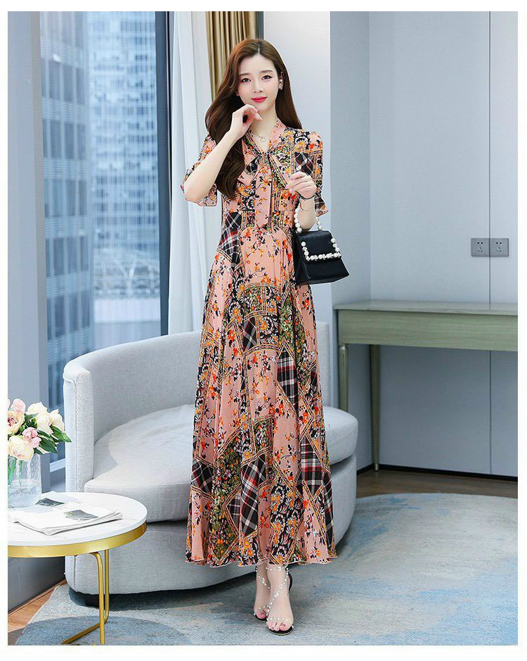 Đầm xòe dáng dài phối họa tiết cổ nơ xinh xắn - glady g355 - đầm maxi dáng dài, đầm xòe dự tiệc, đầm dự tiệc, đầm công sở, đầm maxi đi biển