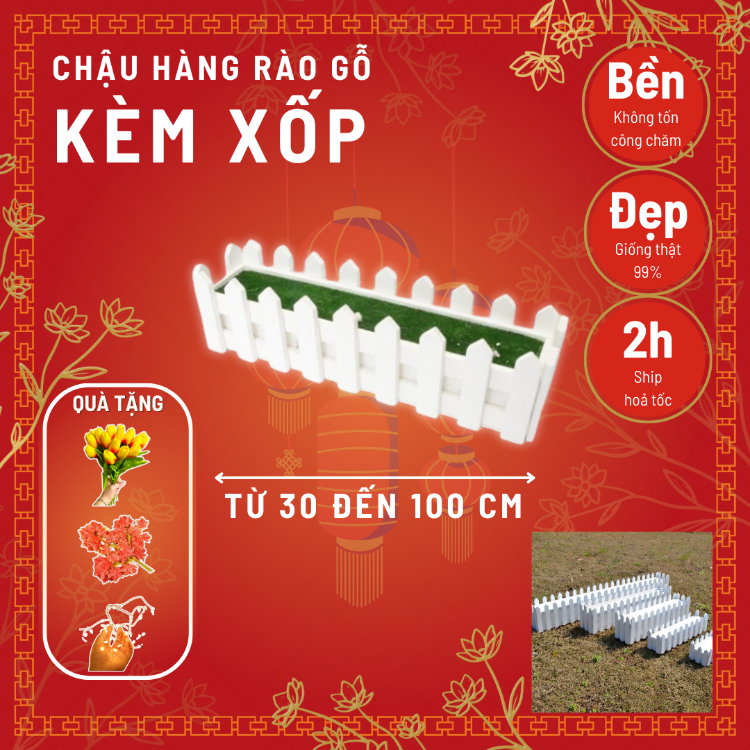 Chậu hàng rào gỗ kèm xốp cắm cây hoa giả - Size từ 30cm đến 100cm - Chậu cây, cây giả, hoa lụa trang trí nhà cửa