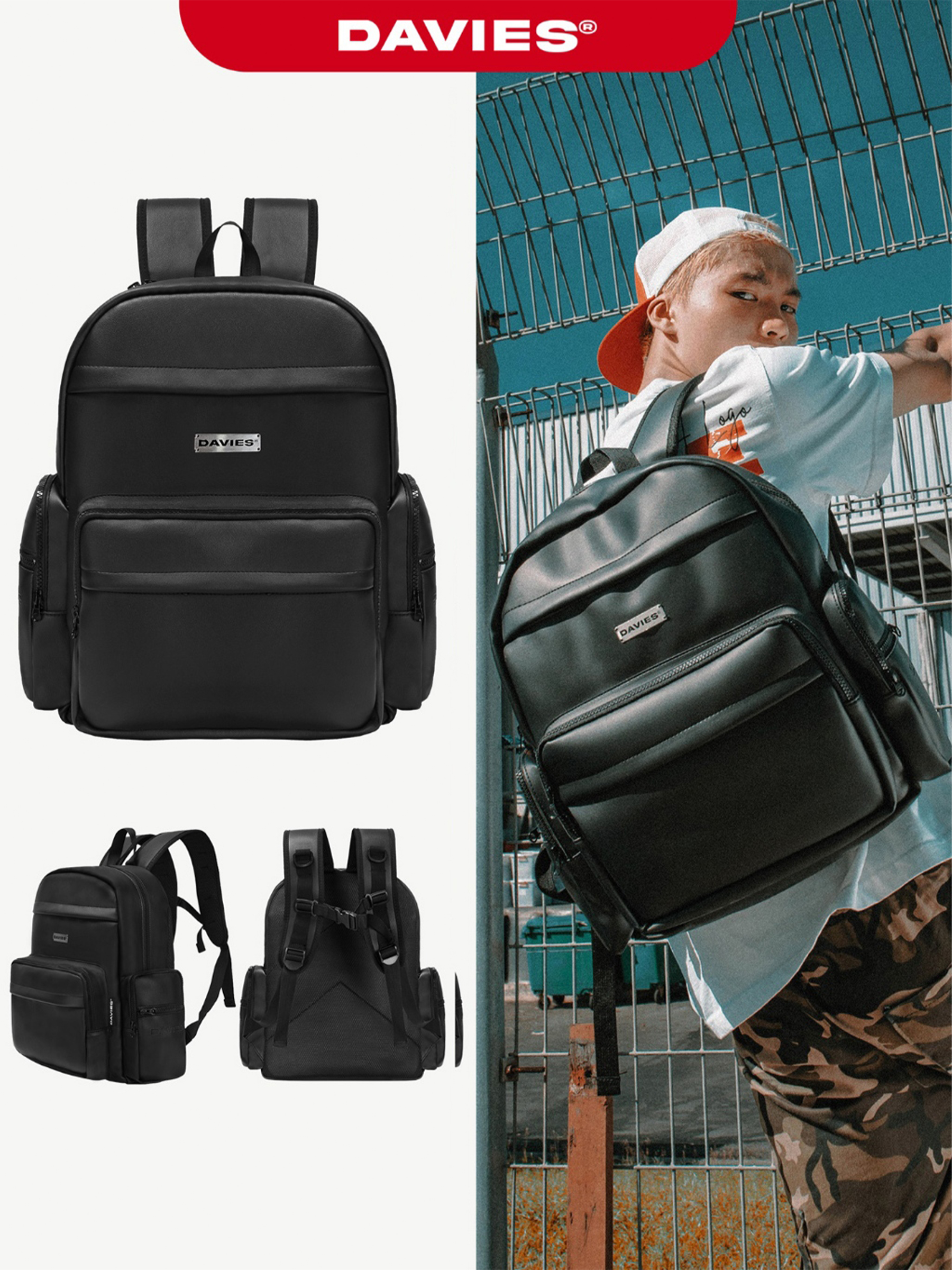 Balo đi học local brand da màu đen Base Backpack local brand Davies | D-P49