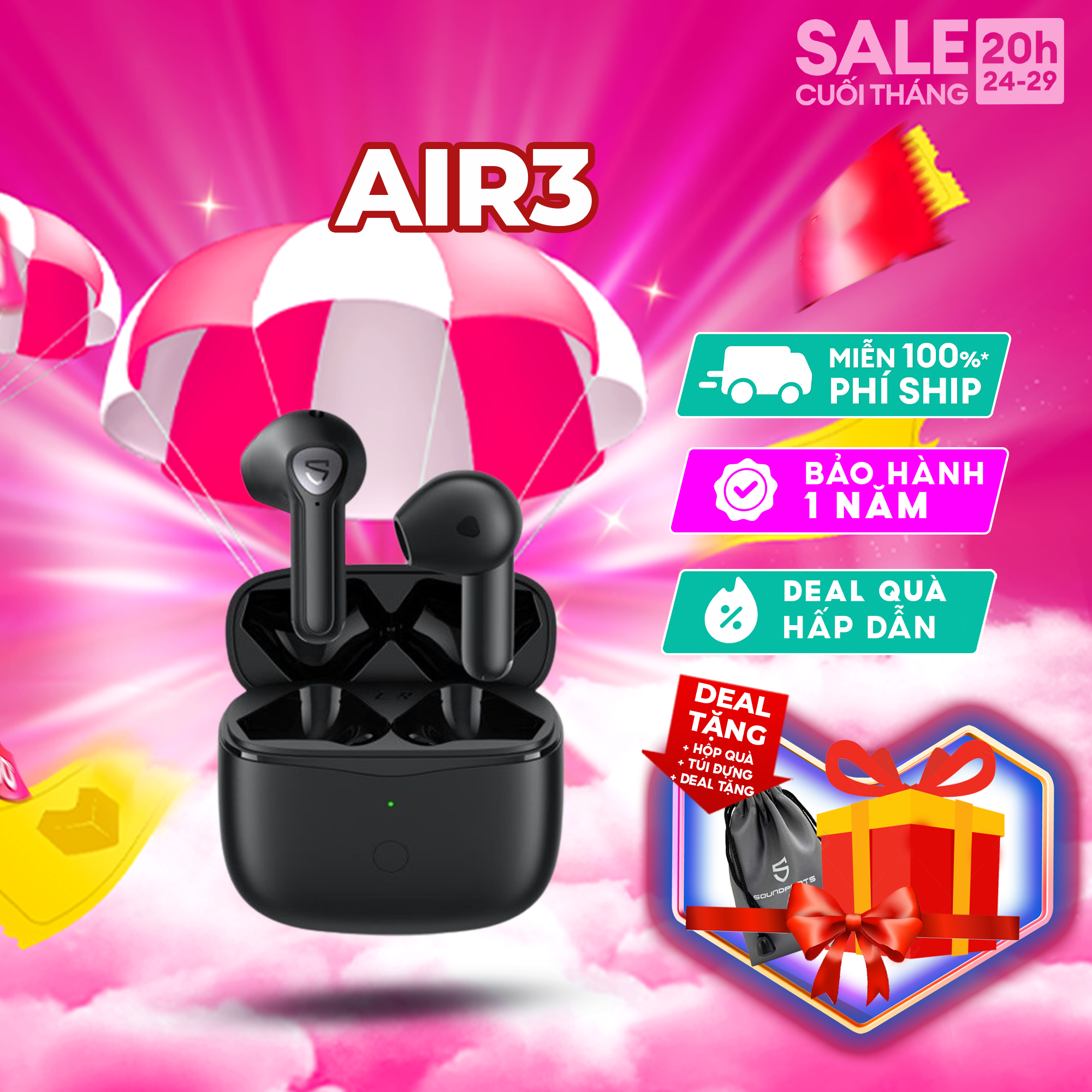 Tai nghe True Wireless bluetooth SoundPeats Air3 Bluetooth 5.2, aptX-Adaptive QCC3040 - Hàng chính hãng