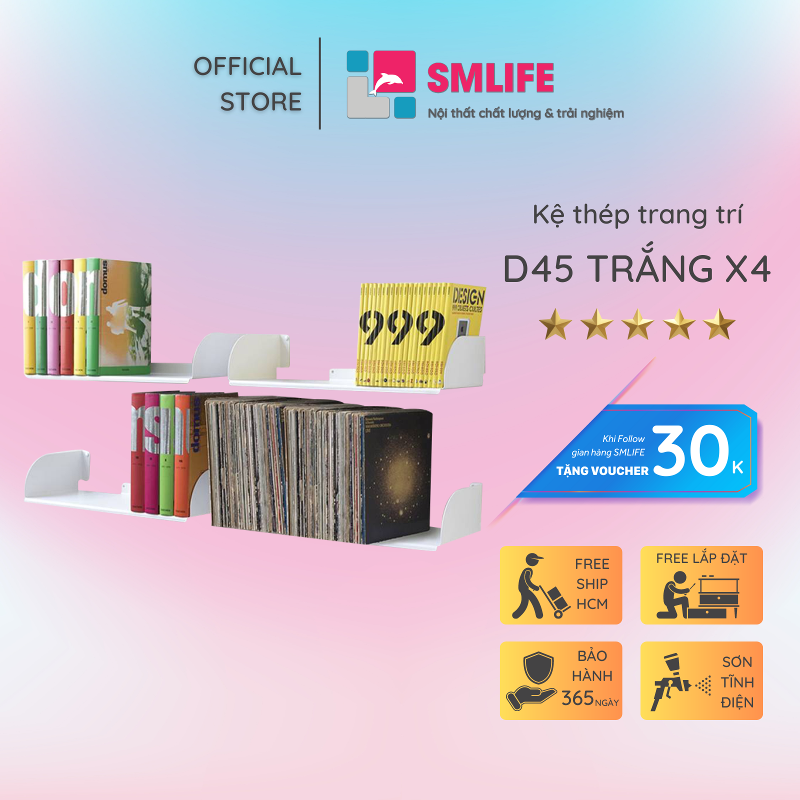 Kệ sách treo tường chữ D 45 - Kệ treo tường bằng thép dày 1,6mm - Sơn tĩnh điện màu Trắng/ Đen hiện đại - Tặng kèm bộ ốc vít và đầu bịt ốc