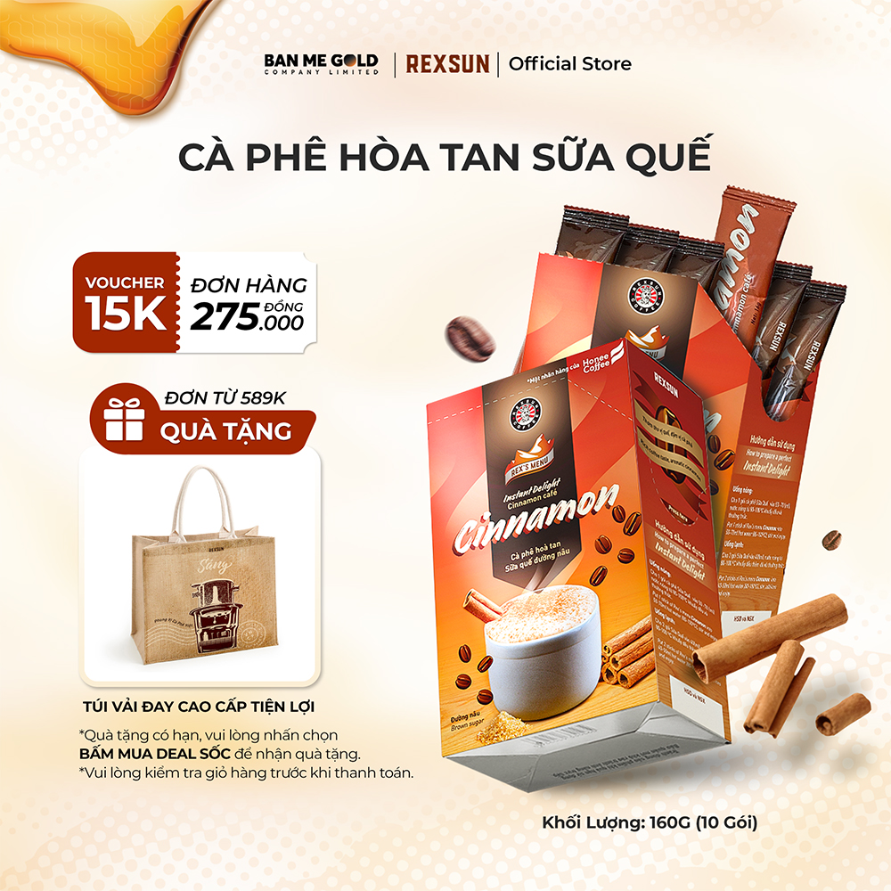 Cà Phê Sữa Hoà Tan Vị Quế (Cinnamon) - Instant Delight – 160gr (10 Gói) - Cafe Hòa Tan Chính Hãng Ban Me Gold - REXSUN