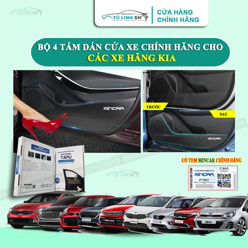 Bộ dán Tapli xe KIA MORNING, Carens, Carnival, Cerato, Forte, K3, Optima,Rio,Rondo,Seltos,Soluto, Sonet, Sorento, Sportage chính hãng MINCAR, chống xước tapi cửa ô tô bằng Carbon Air Fiber cao cấp