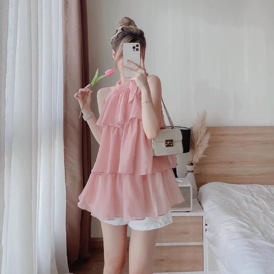 Set nữ set bộ áo cổ yếm tầng 2 màu trắng hồng set bộ yếm lụa kèm quần ngắn tapta màu trắng cực dễ thương