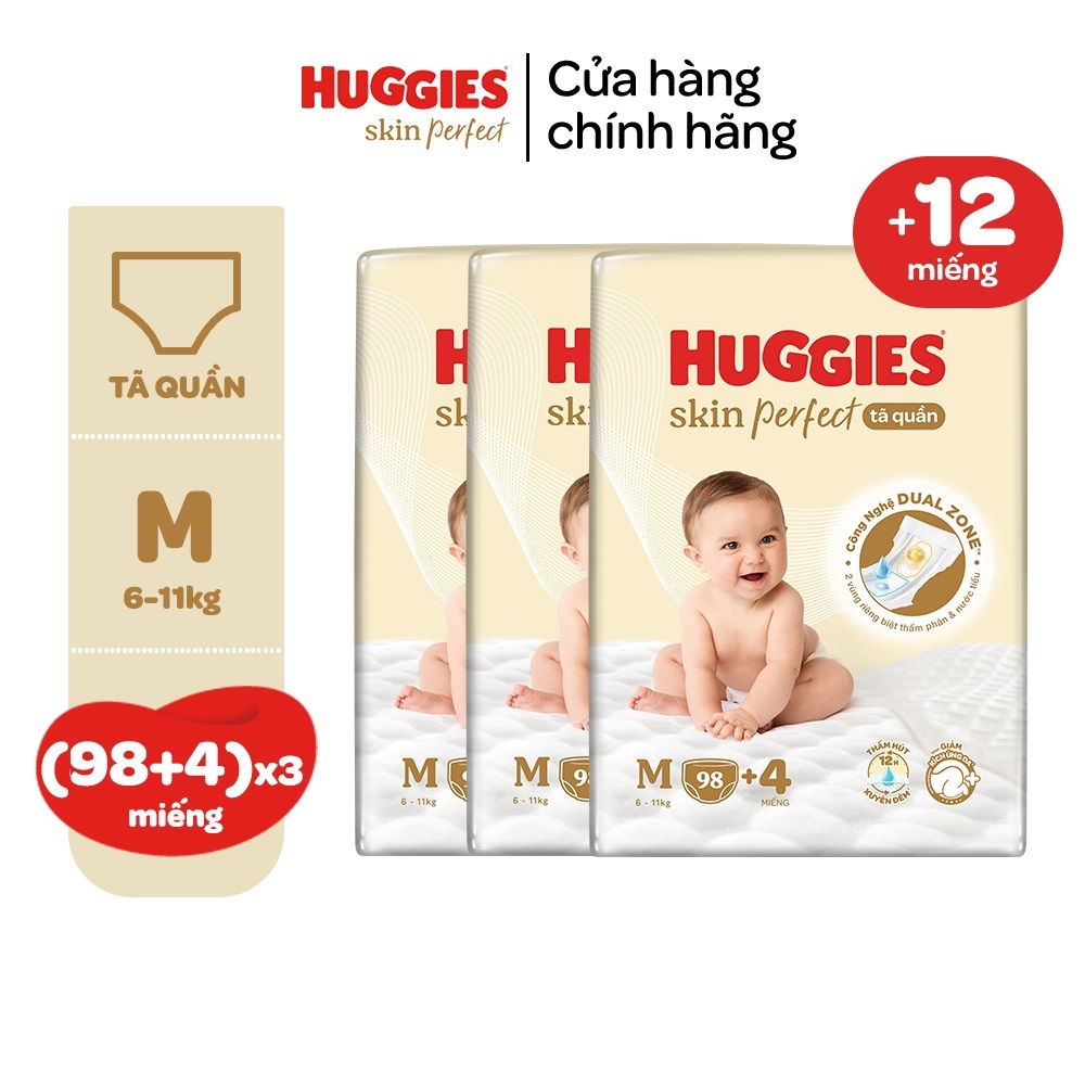 Combo 3 gói Tã quần Huggies Skin Perfect Mega Jumbo M98+4/L88+4/XL72+4/XXL64+4 miếng với 2 vùng thấm