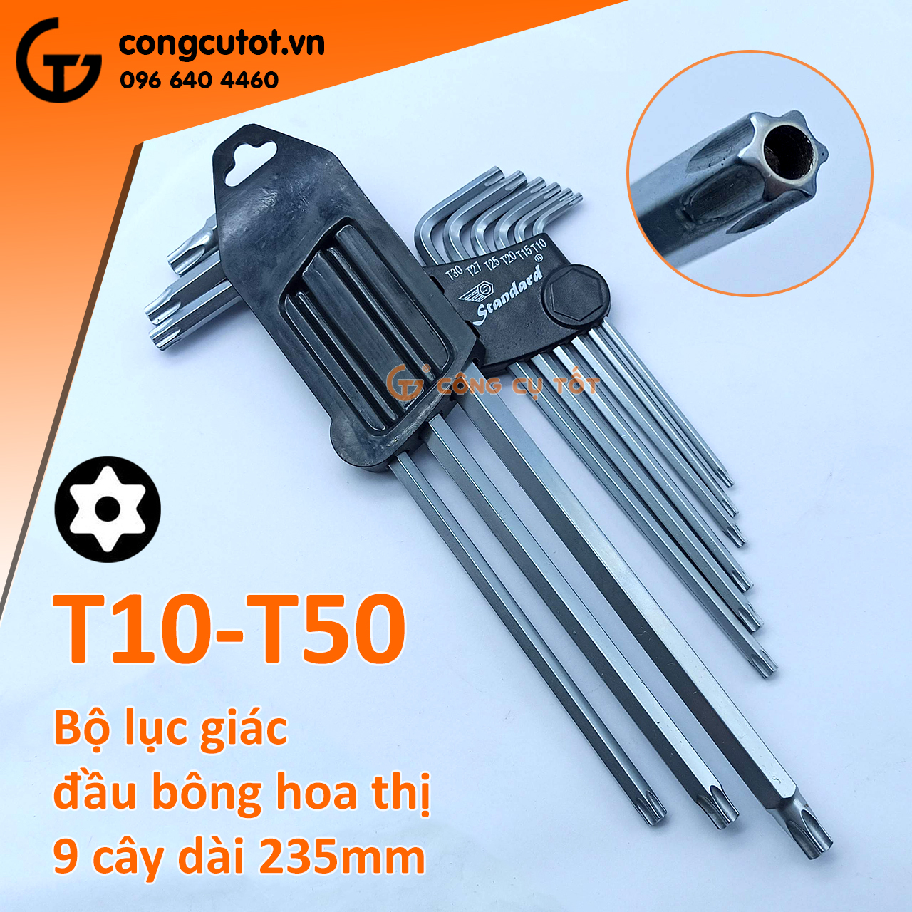 Bộ lục giác đầu bông 9 cây t10-t50 standard dài 235mm