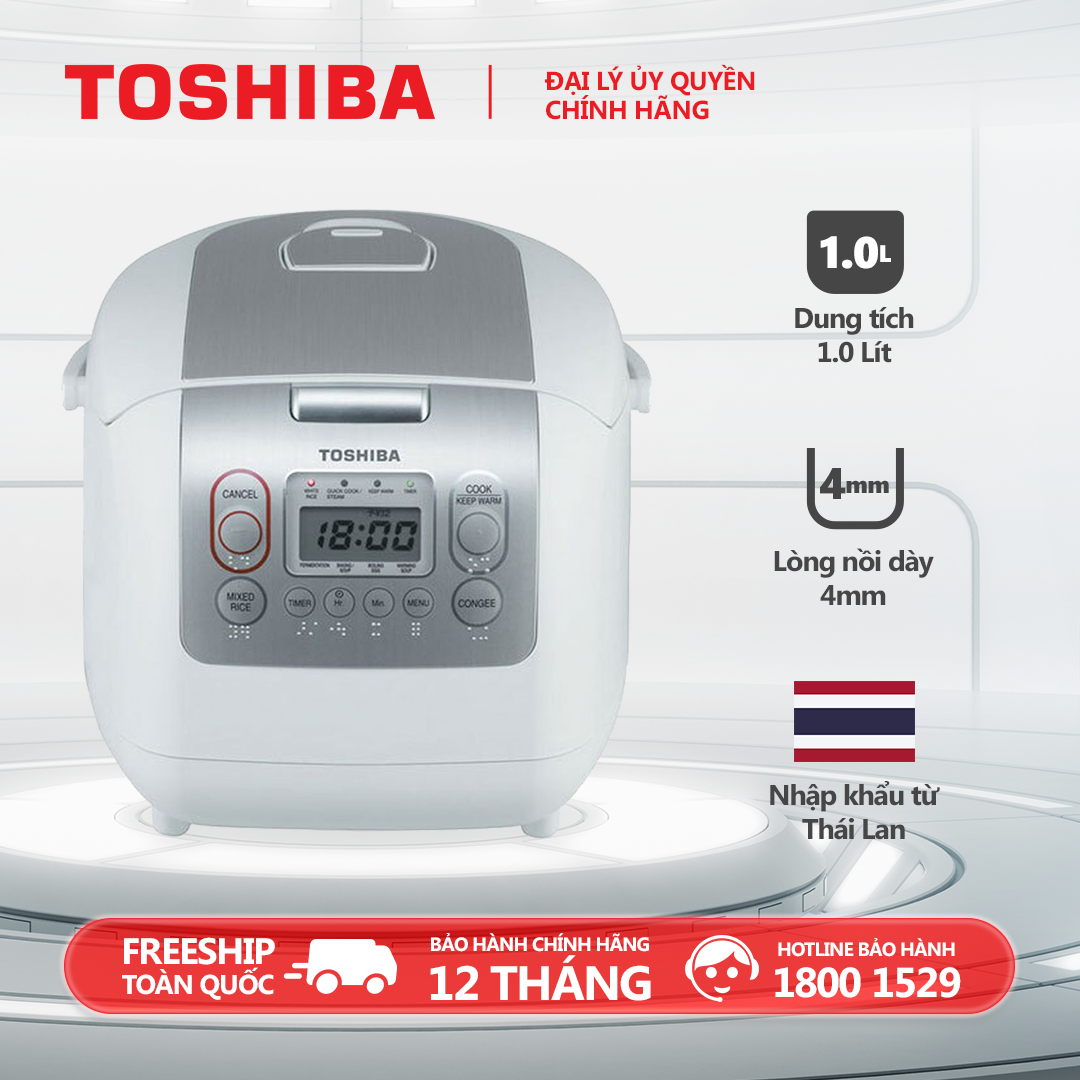 Nồi cơm điện tử Toshiba RC-10NMFVN(WT) - 1L - Xuất xứ Thái Lan - Lòng nồi dày 4mm 2 lớp chống dính trong và ngoài - Chế độ nấu tự động đa dạng - Hàng chính hãng bảo hành 12 tháng chất lượng Nhật Bản
