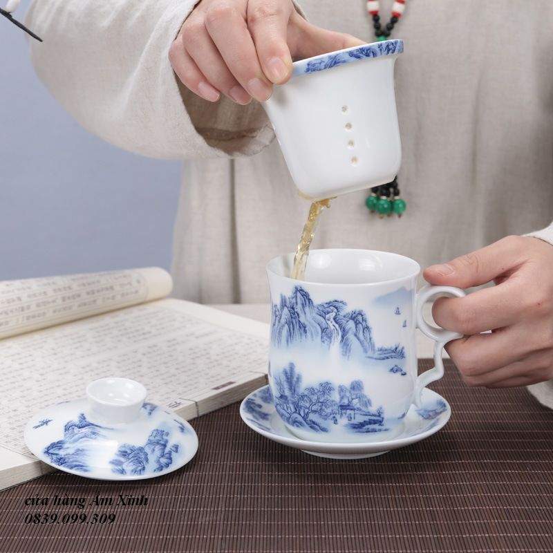 Ly cốc sứ pha trà có lõi lọc và nắp đậy dung tích 320 ml