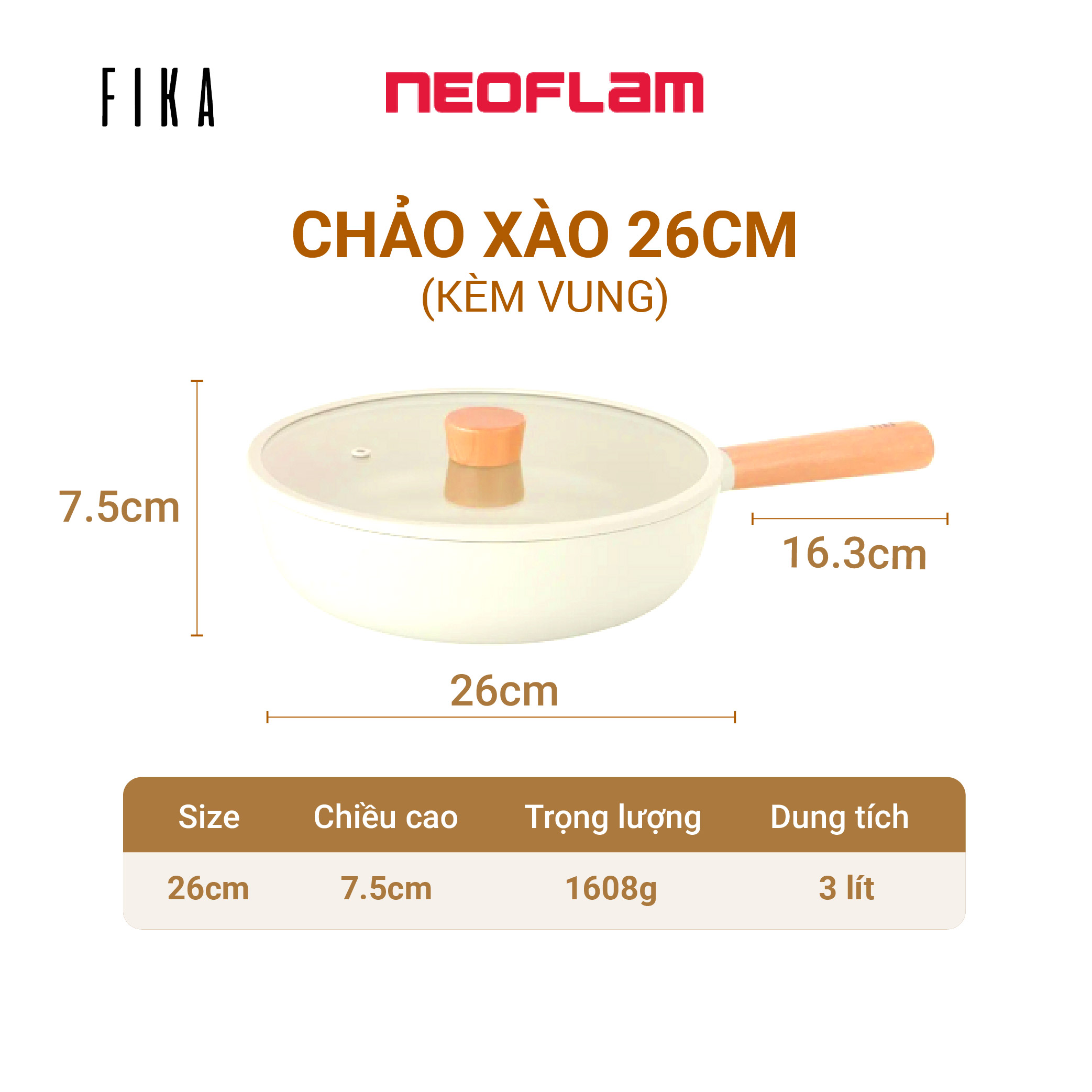 Hàng chính hãng: chảo xào sâu lòng 26cm, chống dính bếp từ neoflam fika - hàn quốc