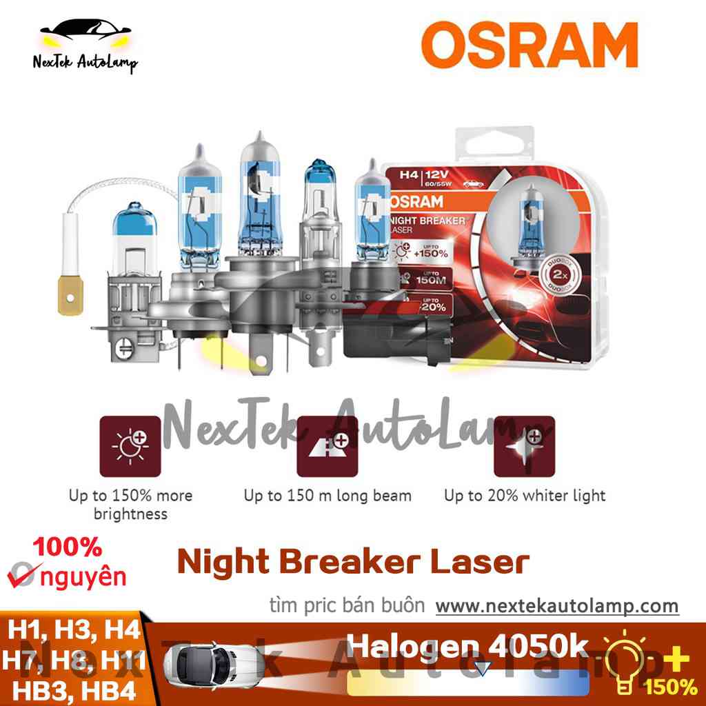 OSRAM Night Breaker Laser Thế Hệ Tiếp Theo H1 H3 H4 H7 H8 H11 HB3 9005 HB4 9006 Bóng đèn Pha Halogen 12V +150% Dành Cho ô Tô