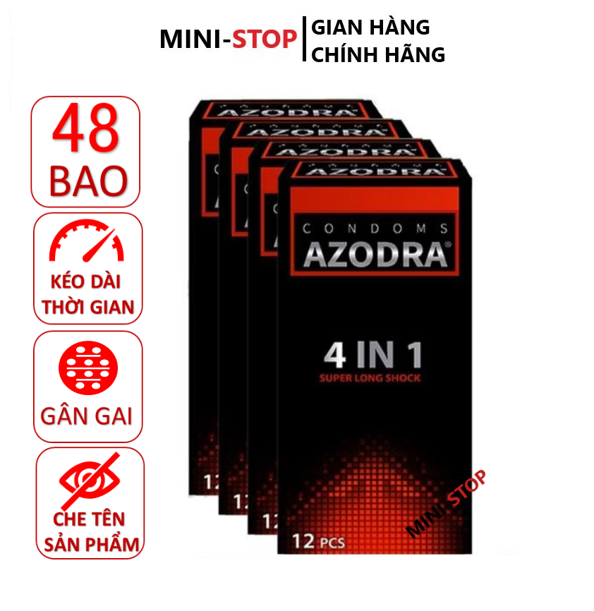 FREESHIP Bộ 4 hộp Bao cao su siêu gân gai kéo dài thời gian AZODRA [48 chiếc]