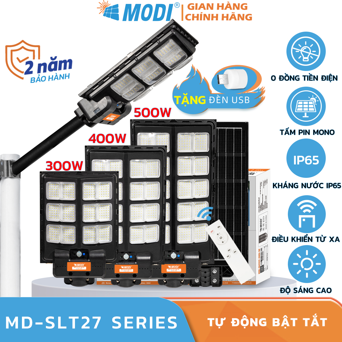 Đèn năng lượng mặt trời liền thể, đèn cao áp cảm biến modi solar chống nước an toàn loại 300w, 400w, 500w
