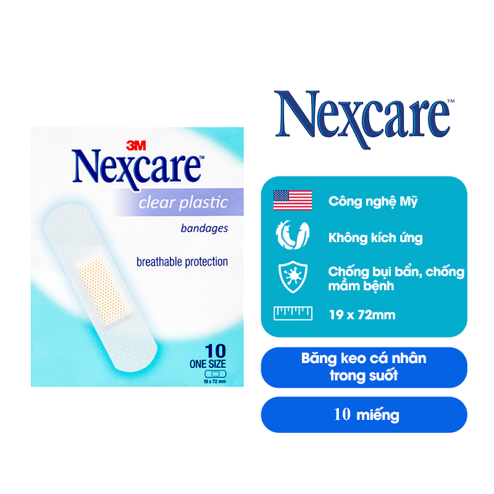 Băng keo cá nhân trong suốt Nexcare 3M Clears10 10 miếng (1 gói x 10 miếng), băng keo cá nhân Nexcare trong suốt có độ dính cao - PuDa Mall, BKCN-CL-1TUI