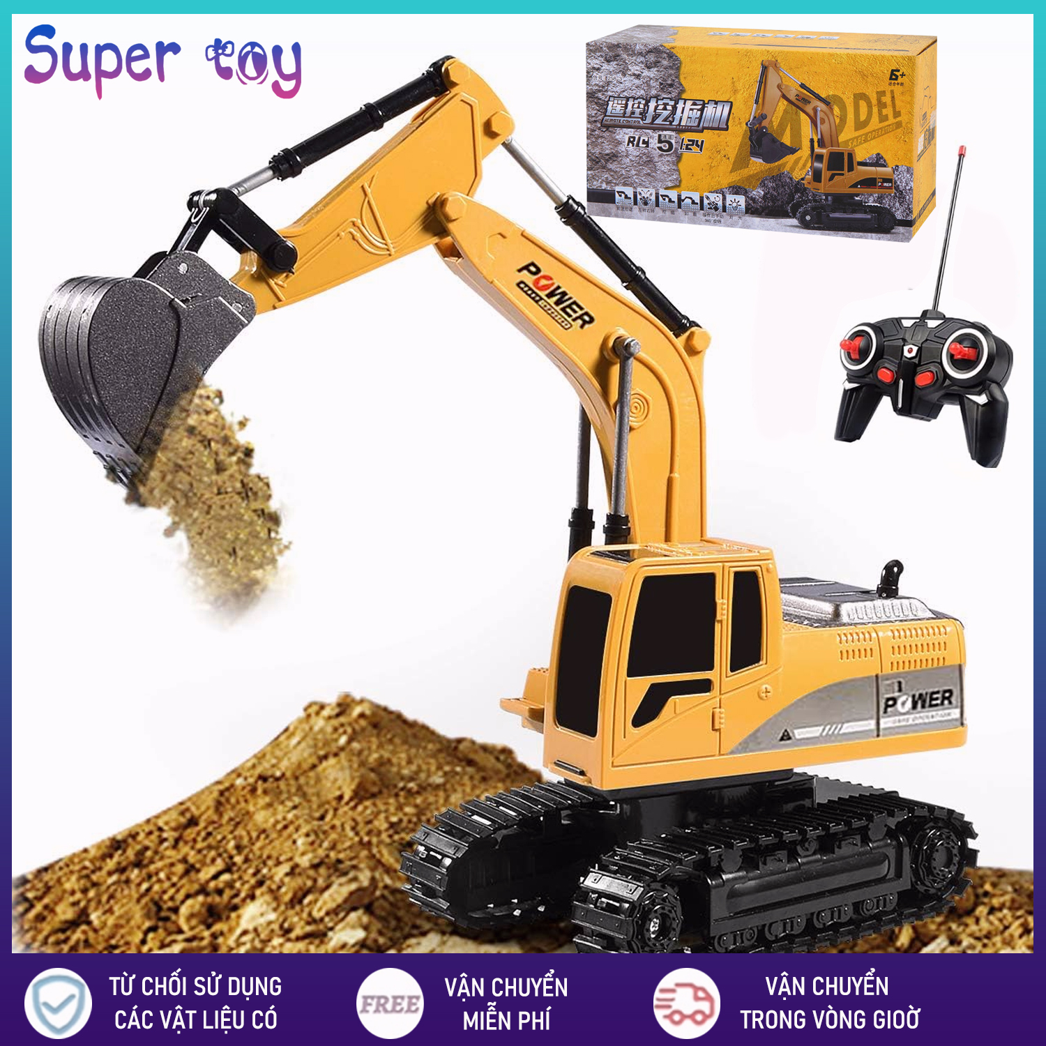 Máy xúc điều khiển từ xa – Xe đồ chơi kỹ thuật hợp kim, mô phỏng máy xúc điện lớn, sạc pin tiện lợi