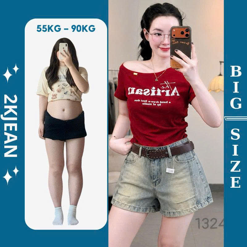 Quần Short Jean Nữ Bigsize QC1324 Lưng Thun Cạp Cao Phong Cách Y2K Đi Học 2KJEANS