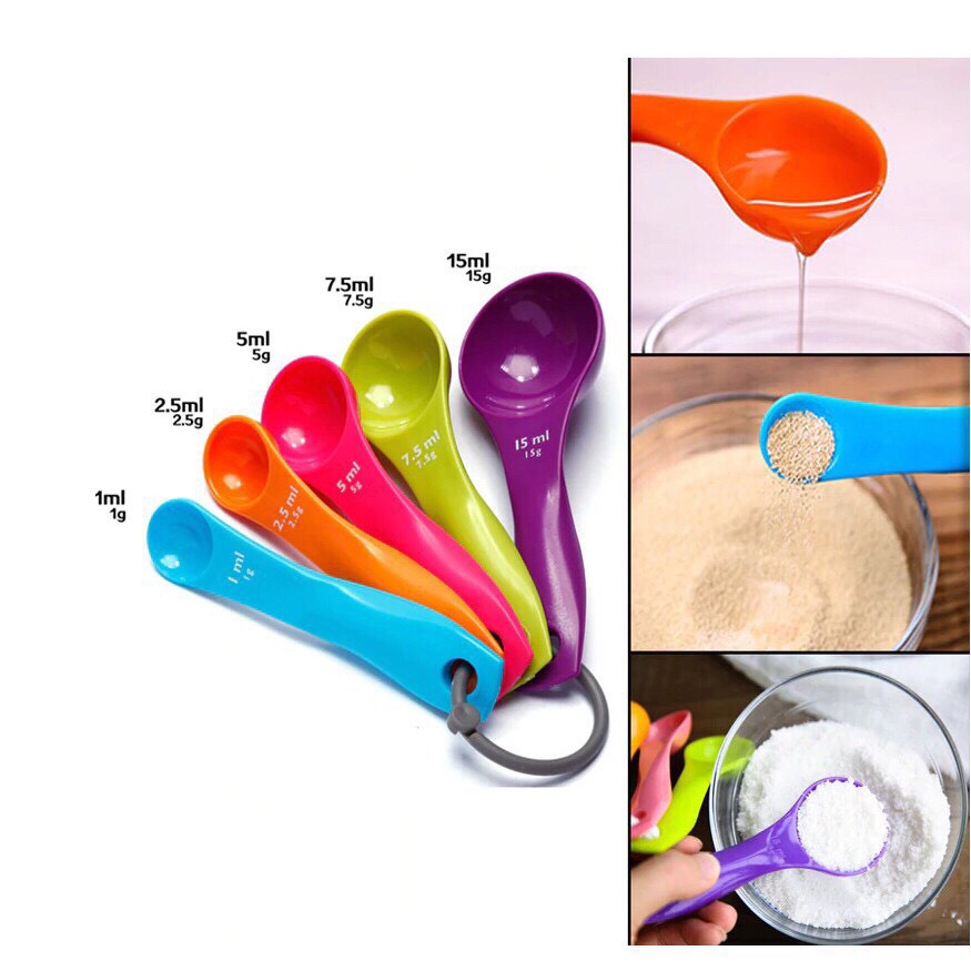 Bộ 5 Muỗng Đong Gia Vị - Bộ thìa đong, muỗng đong nhà bếp 5 món, thìa đo lường, định lượng bột, sữa,..bằng nhựa - Bộ thìa đong nhà bếp set 5 cái