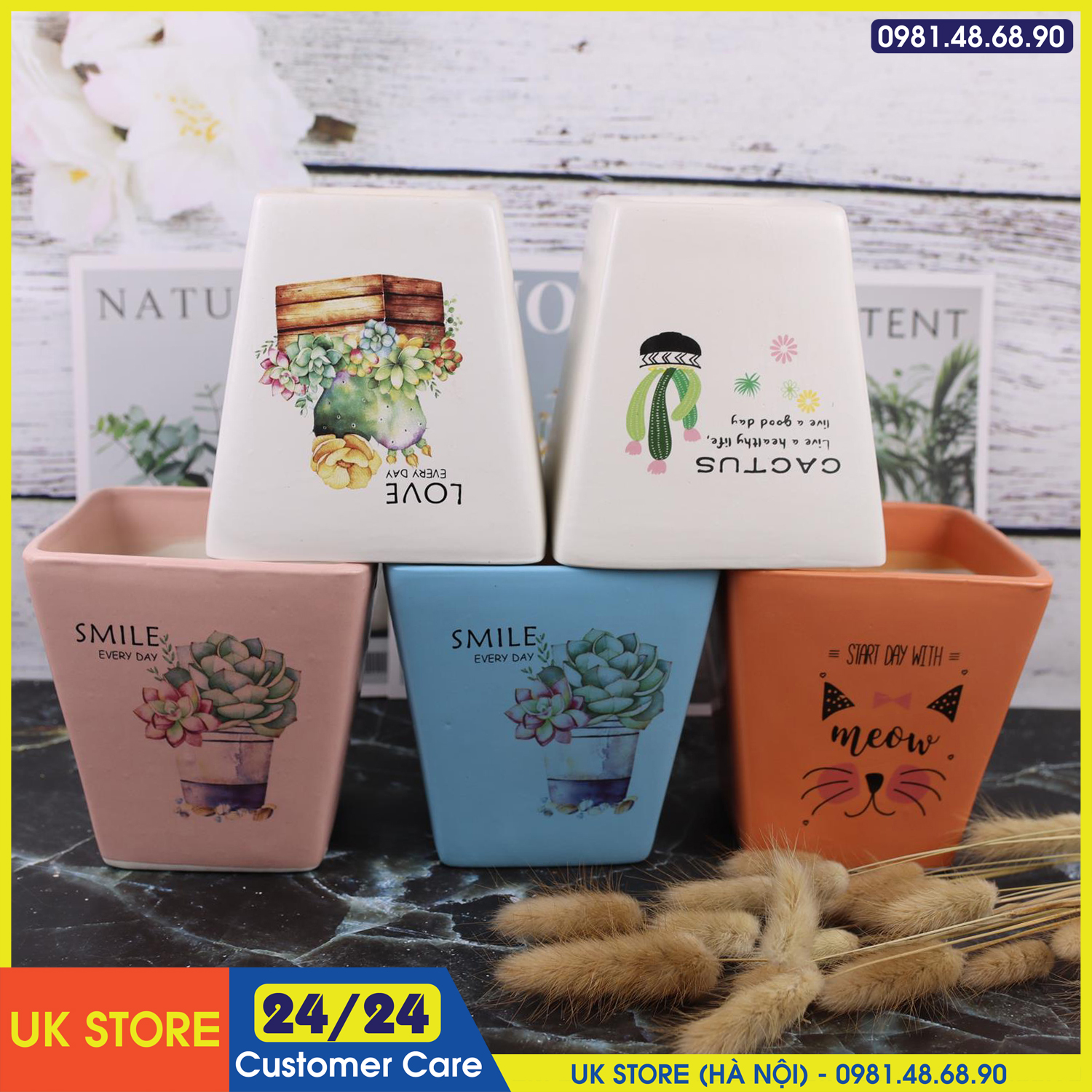 (S2) Chậu Sứ Bát Tràng Trồng Cây Cảnh, Sen Đá, Xương Rồng Kiểu Chậu Vuông Vát Cao 11.5cm