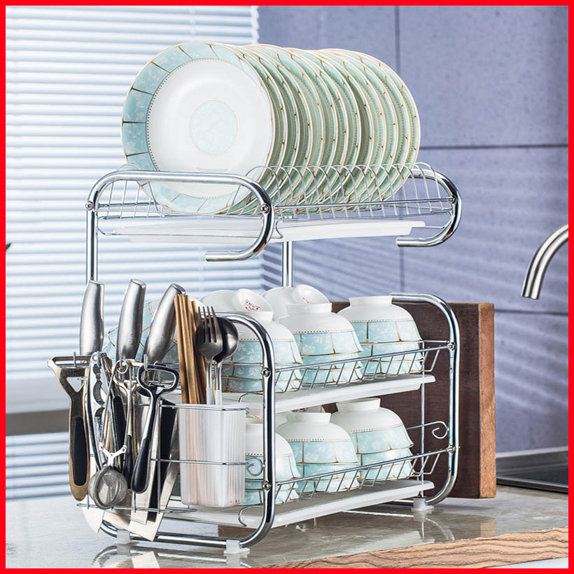 Kệ úp bát đĩa 3 tầng, chất liệu inox, kích thước 42x25x44cm, tặng kèm ống để dao đũa