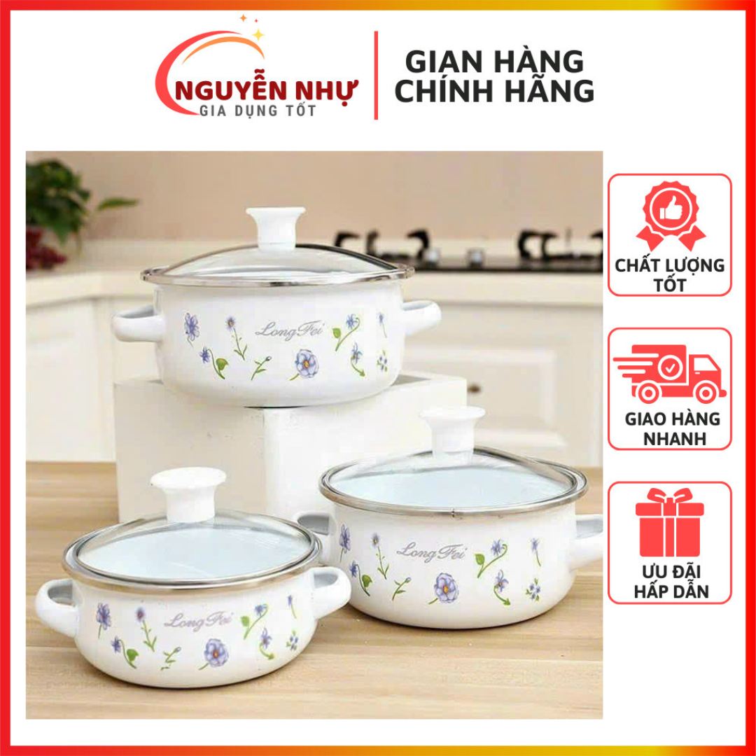 Bộ nồi inox tráng men cao cấp siêu tiện lợi, bộ 3 món dùng cho bếp từ, bếp ga tiện dụng