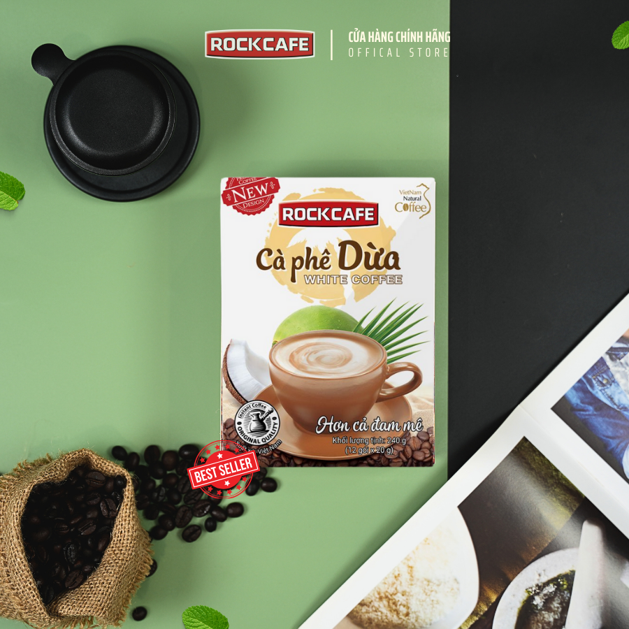 RockCafe - Cà phê dừa White Coffee (Hộp 12 gói x 20 gr)