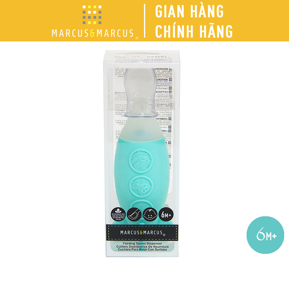 Bình bóp ăn dặm silicon có thìa cho bé Marcus & Marcus, từ 6 tháng - Xanh