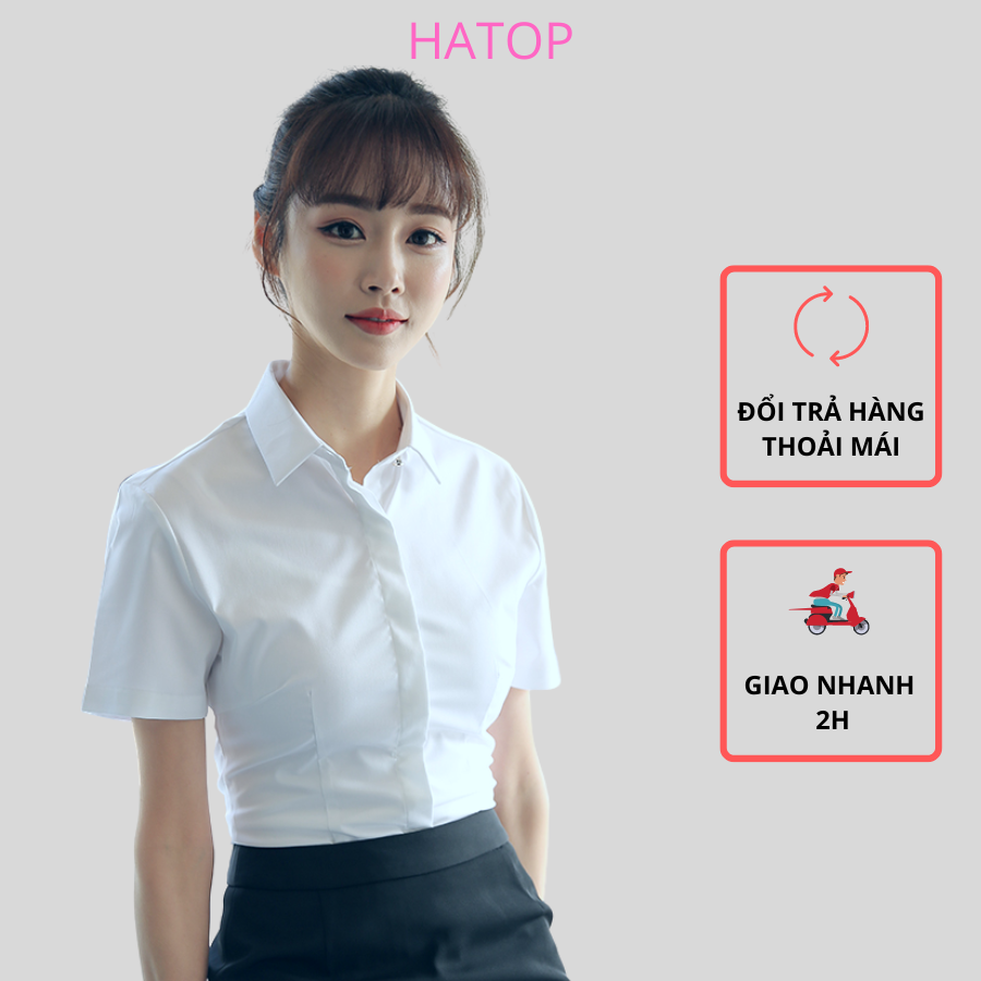Áo sơ mi nữ tay ngắn giấu nút hatop cao cấp vải cotton lᴏại 1 màu trắng asnt215