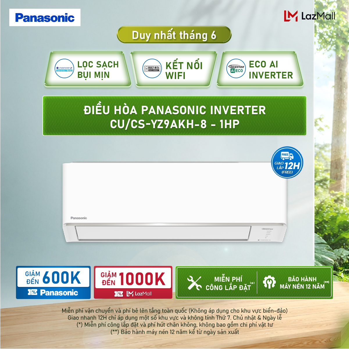 [CHỈ GIAO MIỀN BẮC] [Độc quyền Online]Điều hòa Panasonic Inverter CU/CS-YZ9AKH-8 - 1HP - Hai chiều - Eco AI - Lọc không khí bụi mịn tới 99%