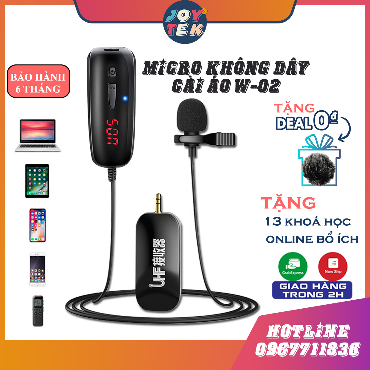 Micro thu âm không dây W-02, mic ghi âm cài áo cho điện thoại, máy ảnh, máy tính, micro làm vlog, youtube, livestream