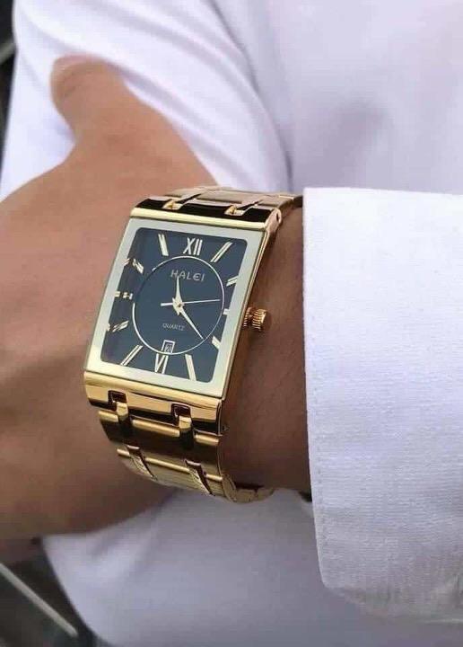 đồng hồ nam mặt vuông halei,dây vàng mặt đen,chống nước ,chống xước HL10101