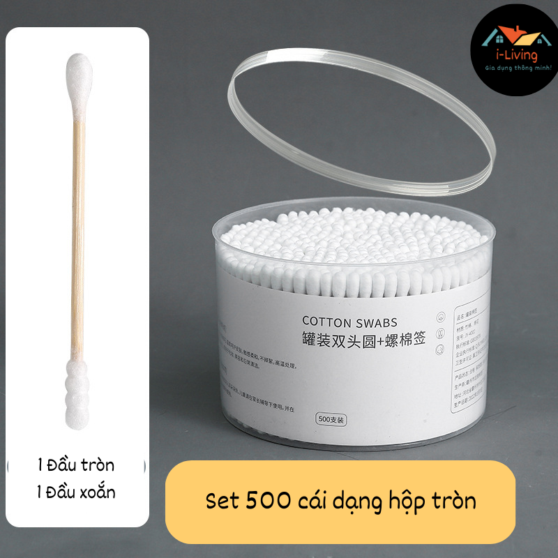 Set 500 Bông ngoáy tai, Bông tăm người lớn - Thân tre, Bông 2 đầu mềm mại & tiện lợi, An toàn cho da!