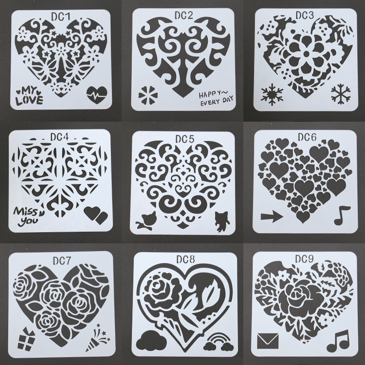 Bộ 12 khuôn vẽ mika dẻo hình trái tim 13x13cm