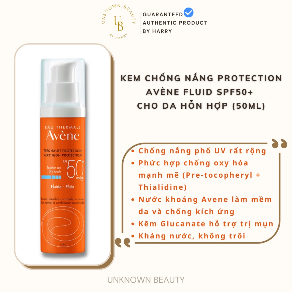 Kem chống nắng avene mattifying cleanance, avene dry toucher fluid very high protection spf50+ 50ml | unknown beauty