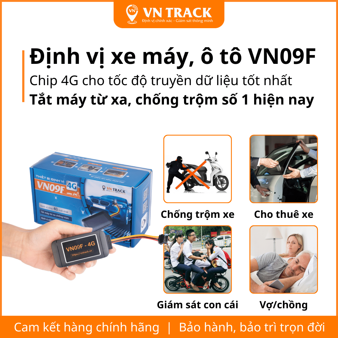 Định Vị Xe Máy, Ô Tô VN09F 4G | Chip 4G, Tắt Máy Từ Xa, Nhận Biết Tắt Mở Động Cơ, Chính Hãng Công Ty